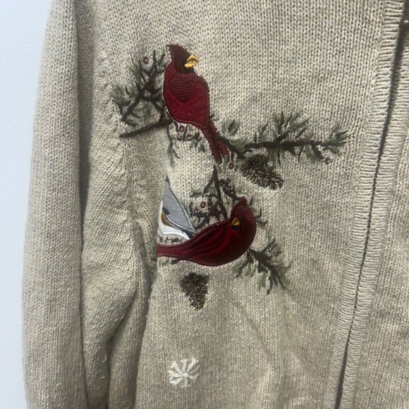 Croft & Barrow Holiday Cardinal Red tan Bird Zip Front Cardigan sweater 3x - Picture 5 of 9